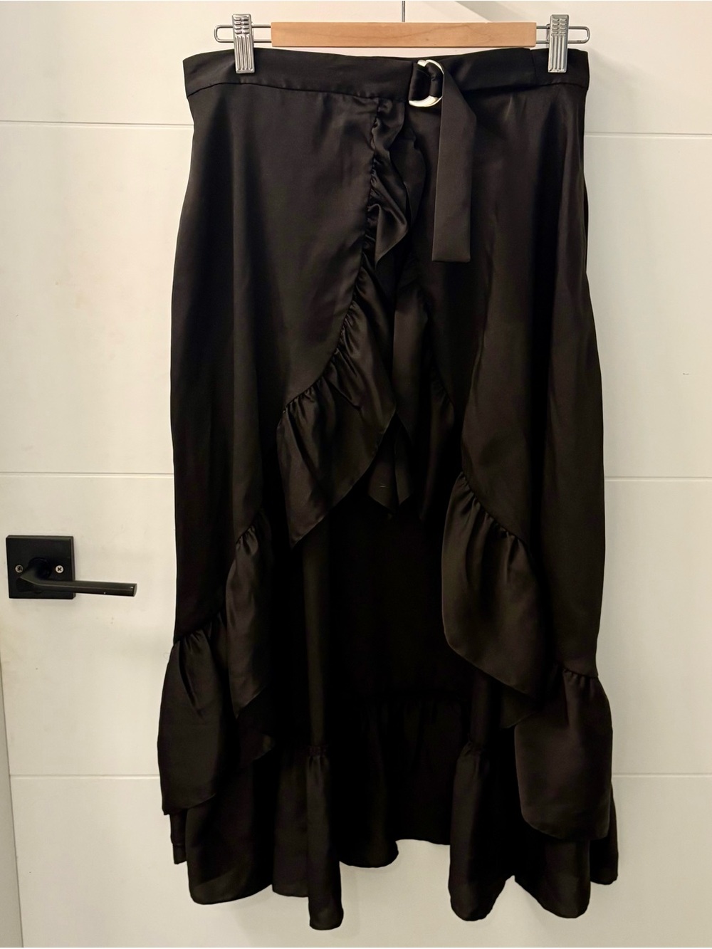 Sandro Black Satin Ruffle High-Low Skirt with Shorts